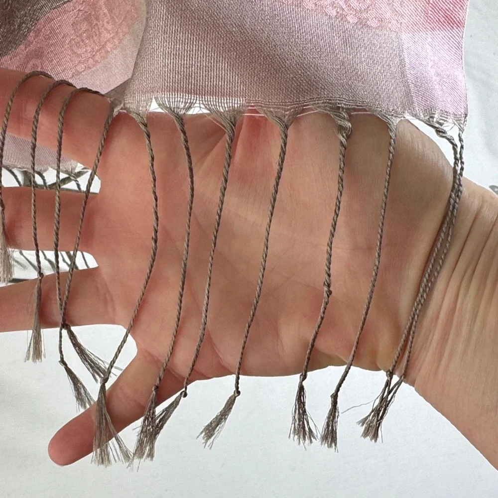 Elegant Pink and Brown Silk Striped Scarf with Angkor Wat Motif.